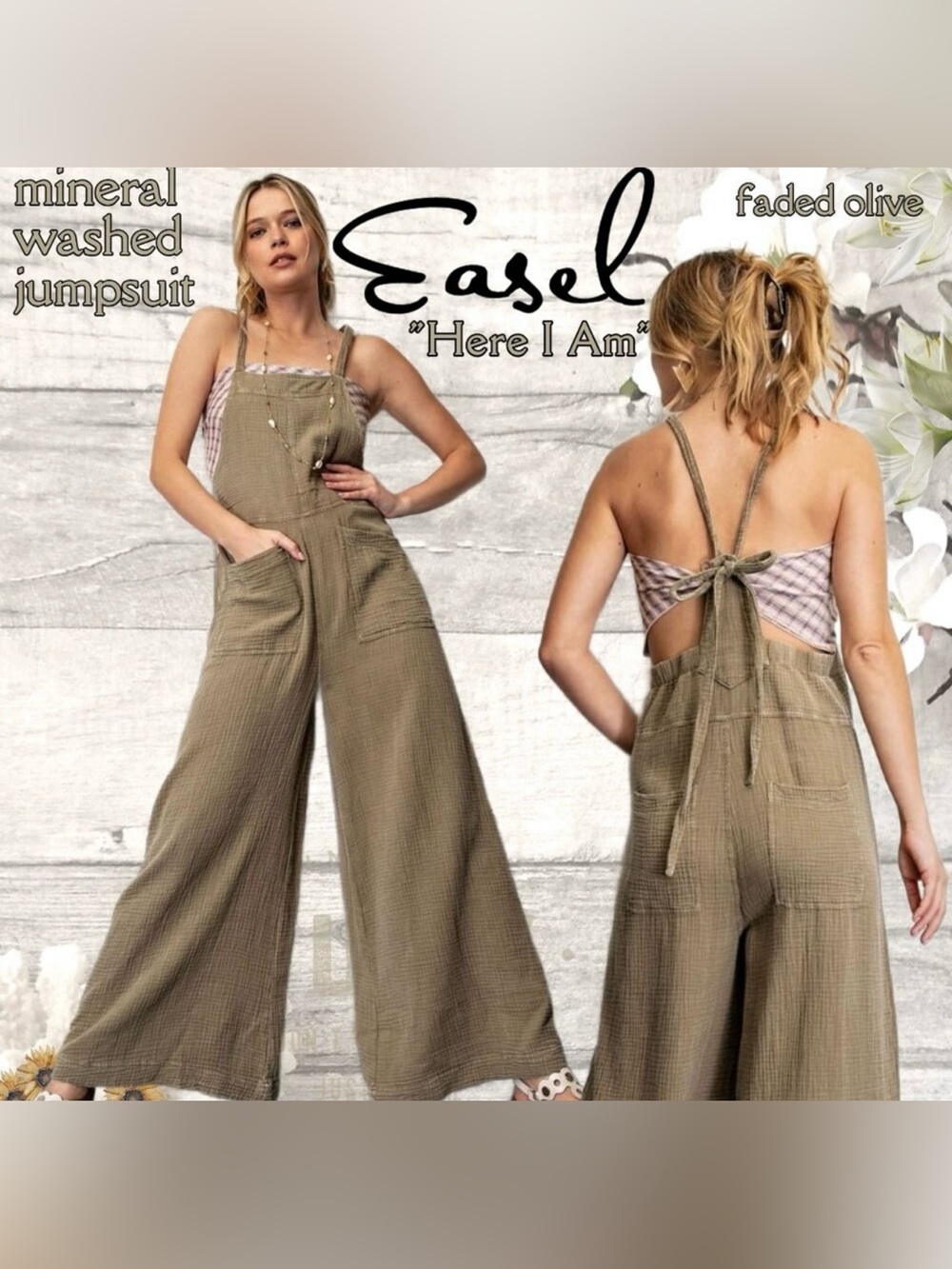 Easel Olive Wide-Leg Gauze Overalls with Back Tie